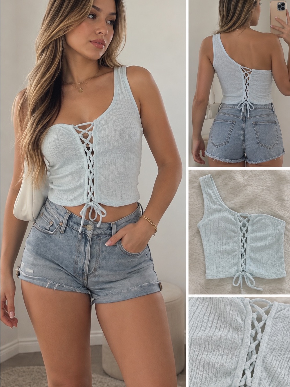 Lace-Up Ribbed One-Shoulder Crop Top - Light Blue